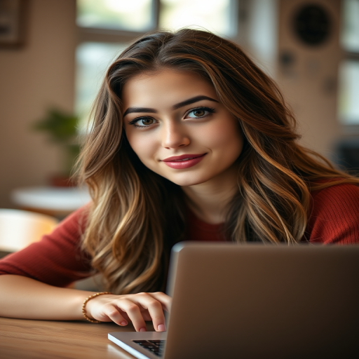 Portrait of a young woman with long, wavy hair sitting at a wooden table with a laptop, warm ambient lighting, f/1.8 aperture, ISO 200, 50mm lens, shallow depth of field, soft bokeh background, natural light from windows, captured with a DSLR camera.