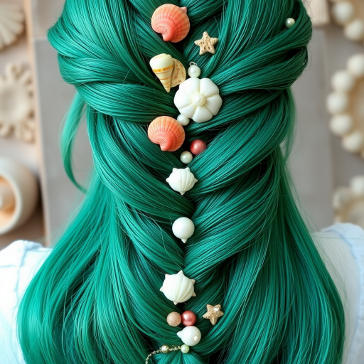 Emerald green mermaid braid adorned with pearls and seashells, Coral's hair cascades down in an intricate plait, showcasing vibrant hues and oceanic accents that evoke undersea beauty