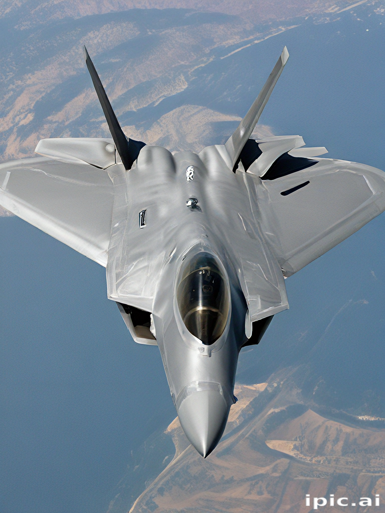 Advanced Stealth Fighter Jet Soaring Above Scenic Landscape in Clear Skies
