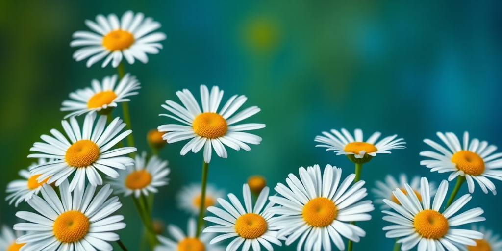 Create a vibrant, high-resolution digital painting of white daisies with yellow centers against a rich green and blue background, using a Canon EOS R5 with a 50mm lens at f/1.8, ISO 100, and a shutter speed of 1/250s, captured from a slightly elevated angle to showcase depth and detail.