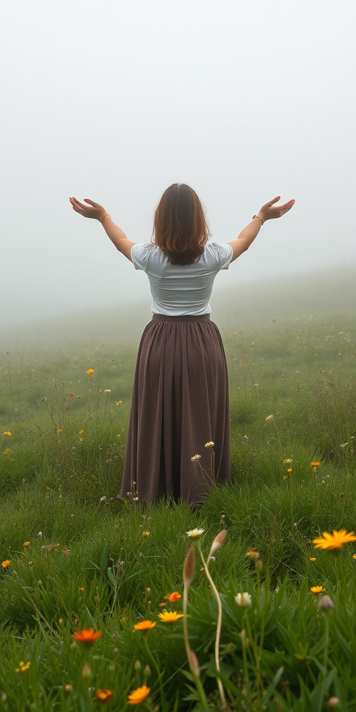 Foggy countryside meadow, with wildflowers swaying gently in the breeze, a woman in a long skirt stands in the center, her hands outstretched to feel the mist on her fingertips.