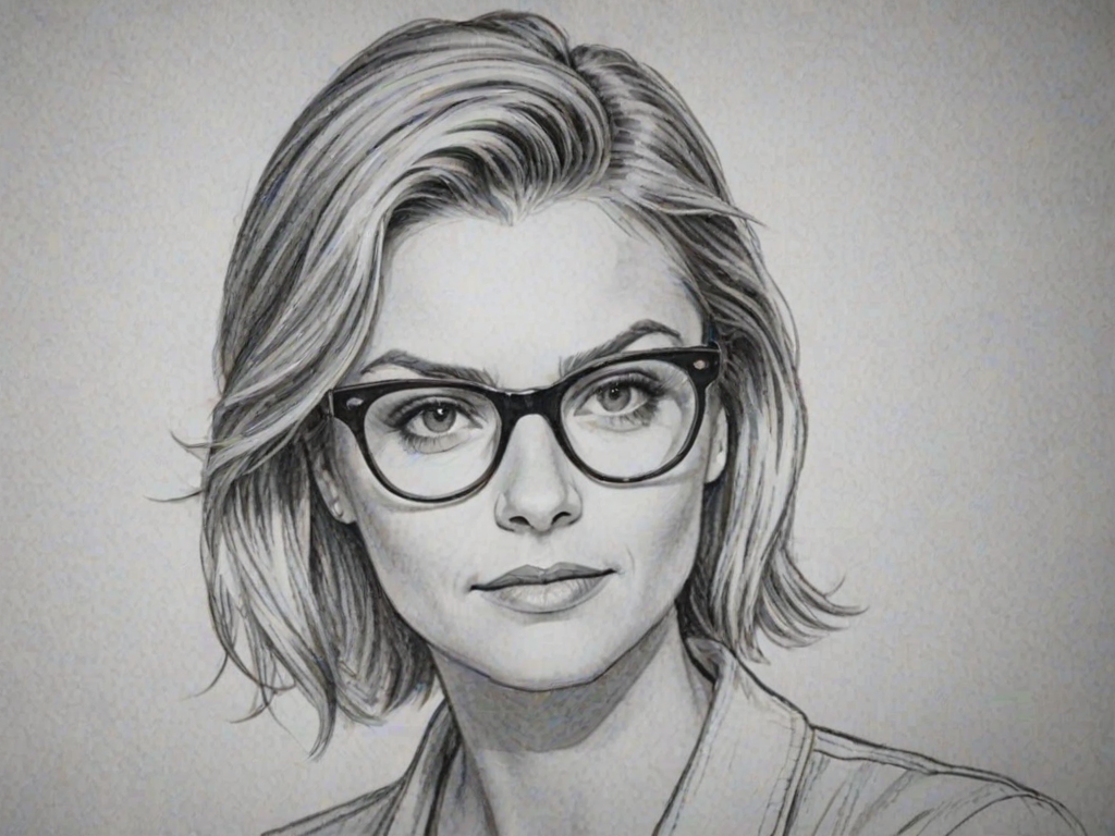 Comely Eliza Coupe, pencil sketch, portrait of Comely woman 1949s in glasses, hair style beatnik, outline, clear lines, fine lines, 8k