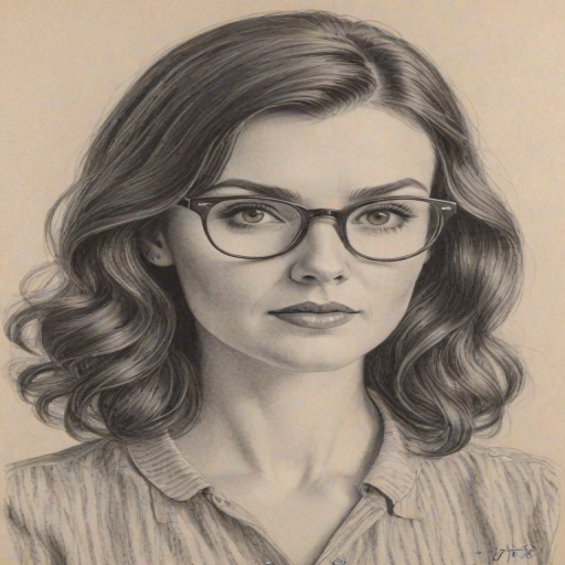 Appealing Aisling Bea, pencil sketch, portrait of Enchanting woman 1946s in glasses, hair style beatnik, outline, clear lines, fine lines, 8k