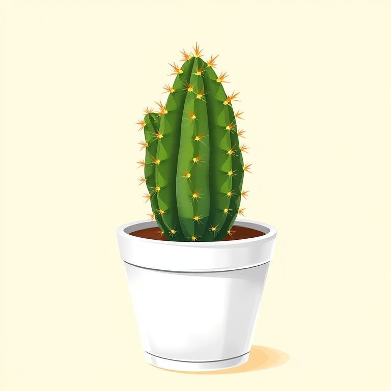 Create a detailed illustration of a cactus in a white pot with a light pastel yellow background, using a DSLR camera with a 50mm lens, aperture f/2.8, shutter speed 1/125s, and a focus on vibrant colors and sharp details.