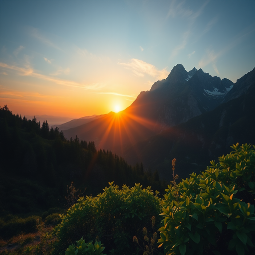 Create a high-resolution image of a serene mountain landscape during sunrise with lush greenery in the foreground, using a DSLR camera at f/8 aperture, ISO 100, 24mm focal length, and shot in landscape orientation to enhance depth and clarity.