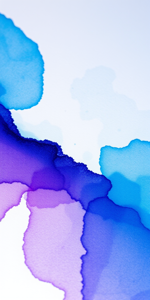 Create an abstract watercolor image featuring shades of blue and purple on a soft, blended background, captured with a Canon EOS R5 at f/2.8, 1/125s, ISO 100, using a macro lens for enhanced detail and smooth transitions.