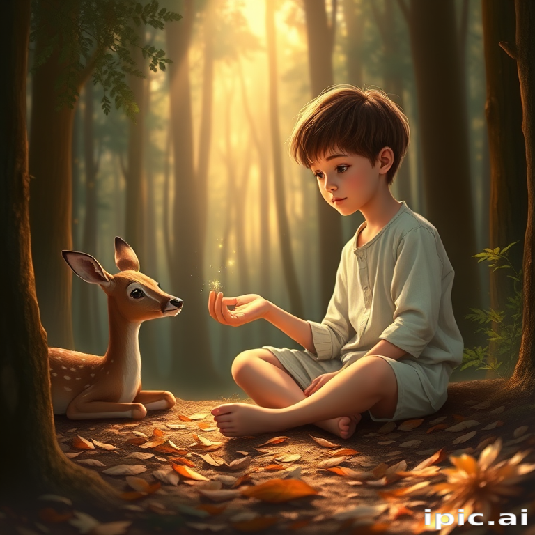 A luminous digital painting of a serene forest scene featuring a barefoot young boy, about 7 years old, with brown hair and fair skin, dressed in a simple white outfit. He sits cross-legged on the forest floor, gazing at a small, glowing, magical firefly in his hand. Beside him, a delicate spotted deer lies calmly on a bed of dried leaves, observing the scene. The dense forest is bathed in warm, golden light filtering through the trees, creating a peaceful, magical atmosphere with a blend of natural and mystical elements.