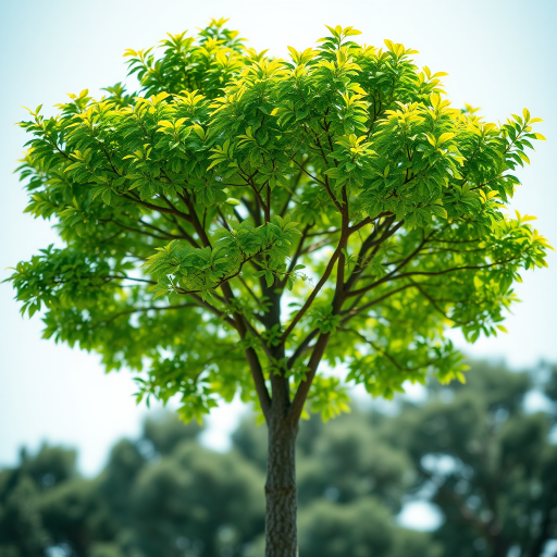 Generate a highly detailed 3D rendering of a lush green tree with a wide canopy, shot with a Canon EOS R5 at f/2.8, ISO 100, 50mm lens, in natural light, using a macro perspective to highlight leaf textures and details.