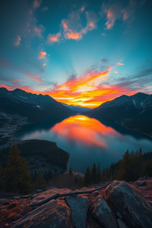 Generate a high-resolution image of a nature landscape featuring a serene lake surrounded by mountains at sunset, with vibrant colors in the sky, captured with a Canon EOS R5, 24mm lens, f/8 aperture, ISO 100, 1/125 sec exposure, using a wide-angle view for depth.