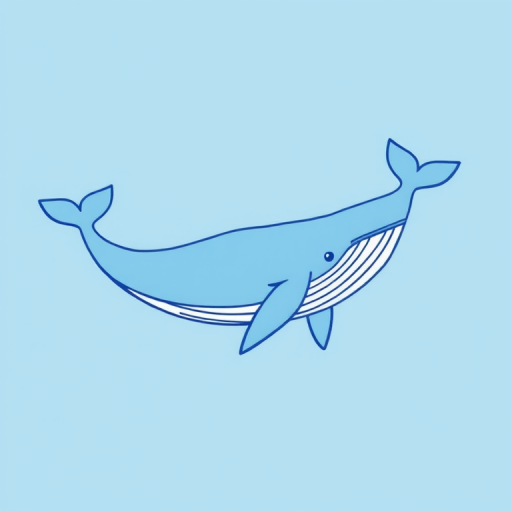 Create an illustration of a blue whale with simple line art on a light blue background, using a digital drawing style with a resolution of 300 DPI, employ a Canon EOS 5D Mark IV, f/8 aperture, 50mm lens, and a soft focus effect to enhance image quality.