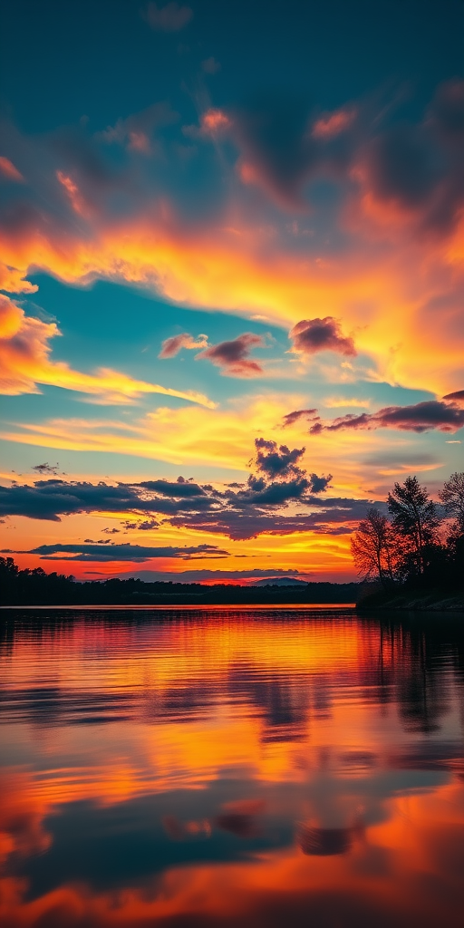 Create a high-resolution image of a serene sunset over a tranquil lake, captured with a DSLR camera using a 50mm lens at f/1.8, ISO 100, and a shutter speed of 1/100s, in landscape orientation with vibrant colors and soft reflections on the water.