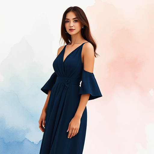 a woman in an elegant navy blue dress standing gracefully in a watercolor style backdrop of soft colors, shot with a Canon EOS R, 50mm lens, f/2.8 aperture, ISO 100, natural light, portrait view, high resolution, soft focus for artistic effect