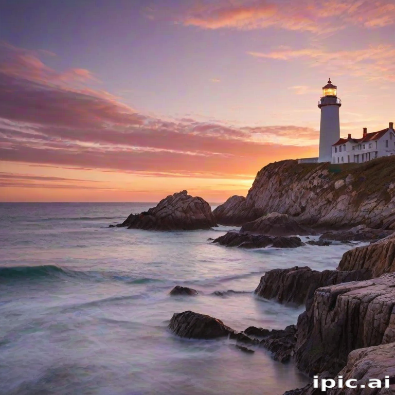 Generate an image of a tall lighthouse perched on a rocky outcrop surrounded by calm ocean waters during a breathtaking sunset. The lighthouse stands sturdy and weathered, its stone surface illuminated by the warm golden light of the setting sun. The sun's rays pass directly through the glass lantern room at the top of the lighthouse, casting a brilliant light across the scene. The sky is painted with vibrant shades of orange, pink, and purple, reflecting off the tranquil sea. The surrounding water shimmers with the same warm hues, creating a serene and majestic atmosphere.