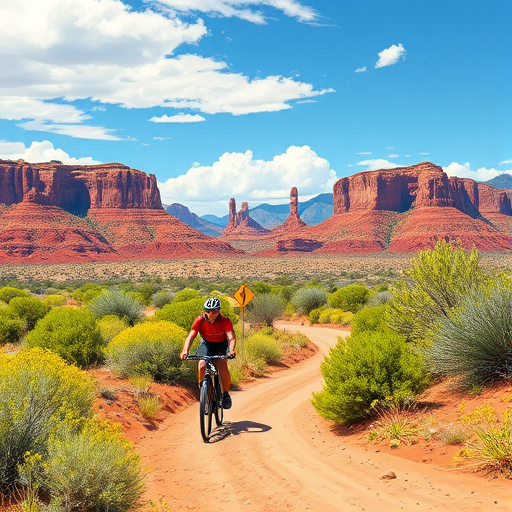 Create a vibrant illustration of a desert landscape with red rock mountains in the background, featuring two cyclists riding through lush green vegetation, capture the scene from a low-angle wide shot, using a digital painting style for sharp details and vibrant colors, emulate a DSLR camera with a focal length of 35mm and an aperture of f/8 to enhance depth of field.