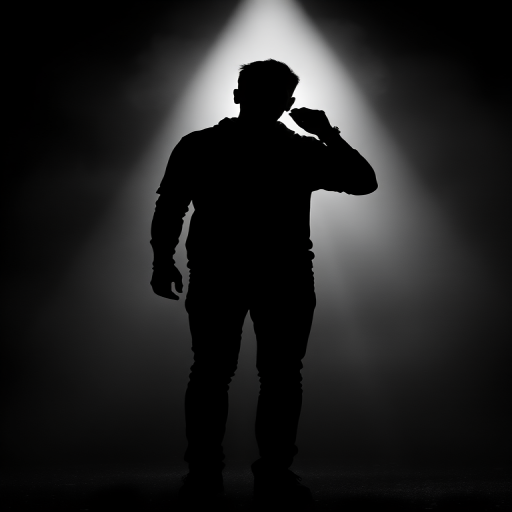 Generate a high-contrast black and white image of a silhouette of a person holding a flashlight, with a soft beam of light cutting through a dark, foggy environment, using a DSLR camera with a 50mm lens, f/1.8 aperture, ISO 800, shutter speed 1/125s, and a low-angle view for dramatic effect.