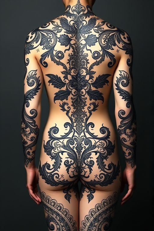Ornamental blackwork tattoo showcasing intricate lace-like patterns and delicate filigree designs, forming a stunning full-body suit with strategically placed negative space