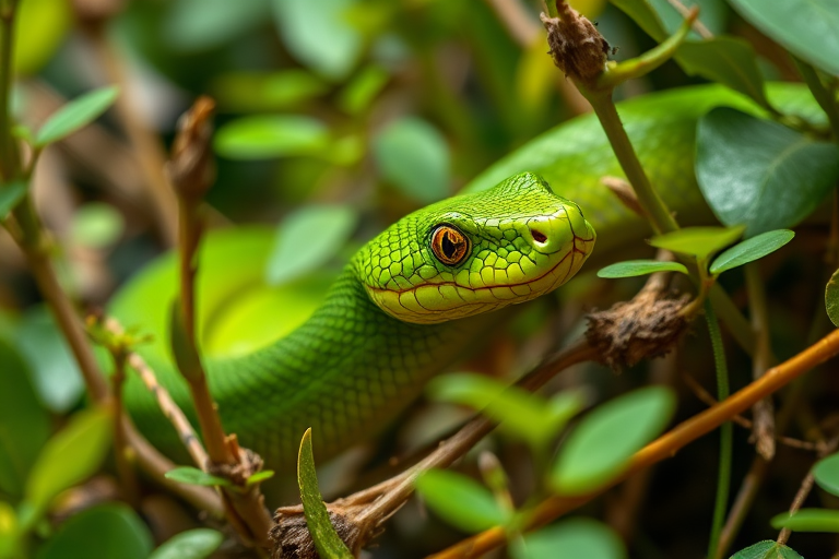 Create an image of a detailed green snake slithering through vegetation in a vibrant jungle setting, shot with a DSLR camera at f/4.0 aperture, ISO 200, 1/250 sec shutter speed, using a macro lens for close-up detail and natural lighting to enhance color richness.