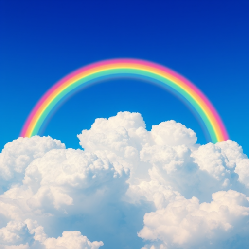 create a vibrant cartoon-style image of a rainbow with pastel colors arcing over fluffy, cartoonish clouds in a bright blue sky using a DSLR camera at f/4, 1/200s exposure, ISO 200, with a wide-angle lens at a 24mm focal length for enhanced clarity