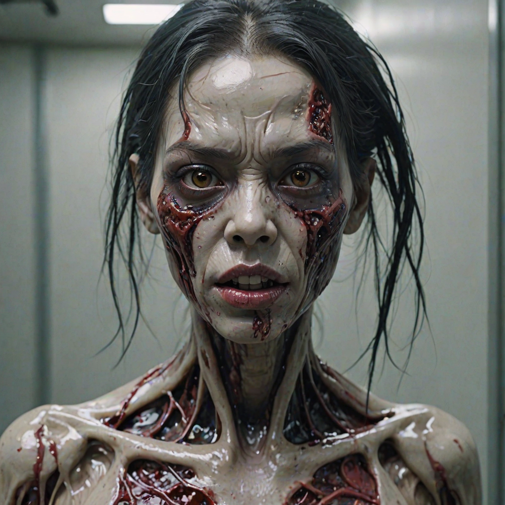 (perspective) of A creepy (ethnicity) zombie cyborg with (descriptive color) skin, (color) lipstick (color) liquid flowing from her eyes and mouth, (perspective two) portrait, (camera angle), extremely detailed, (art style) in the style of Yoshitaka Amano and Tetsuo Hara. --ar 85:128 --style raw --niji 6