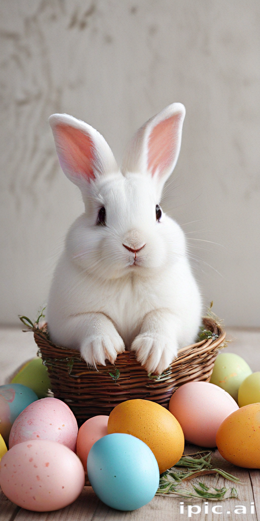 Adorable White Bunny Nestled in a Basket Surrounded by Colorful Easter Eggs
