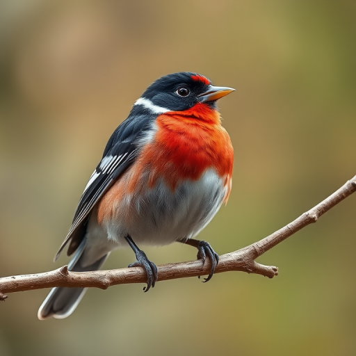Regenerate a vibrant illustration of a rose-breasted grosbeak perched on a branch, using a DSLR camera with a 50mm f/1.8 lens, aperture set to f/4 for a shallow depth of field, ISO 200 for optimal clarity, with a soft focus background to enhance subject prominence, high dynamic range imaging technique for rich colors and textures.