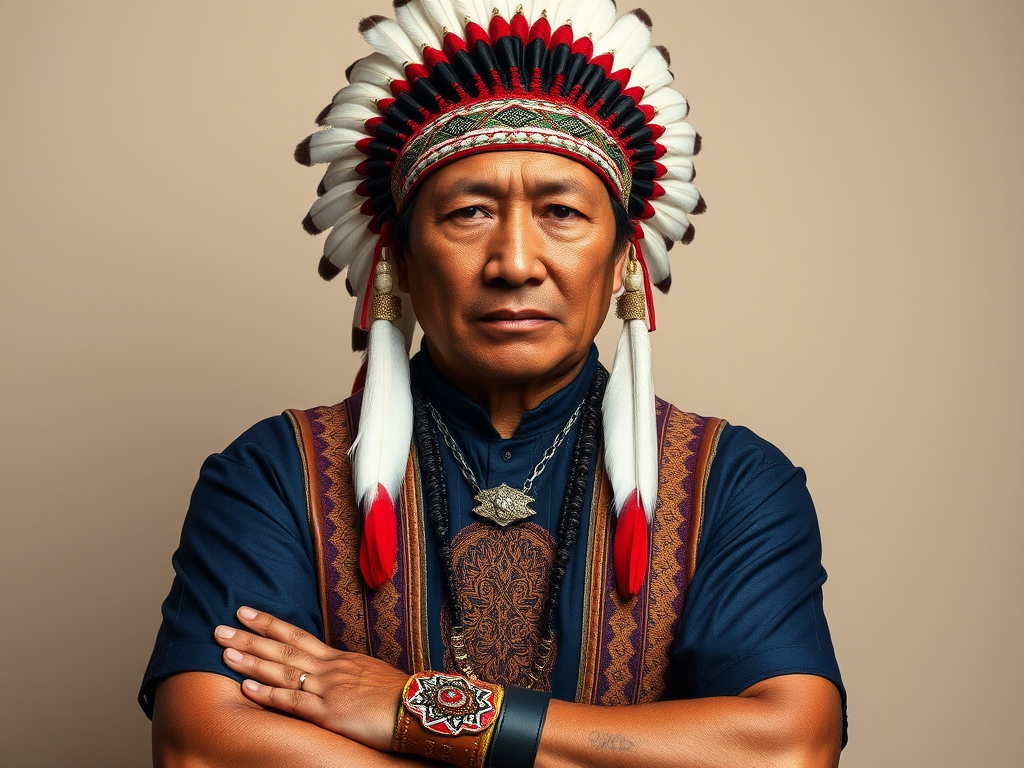 Create a dignified portrait of a Native American man dressed in traditional attire. He wears a beautifully crafted headdress adorned with white feathers and red beads, along with a beaded headband featuring intricate patterns. His clothing includes a deep blue, patterned shirt and a traditional chest piece with detailed beadwork. His arms are crossed, displaying leather armbands decorated with feathers. The background is simple and neutral, emphasizing his proud and stoic expression. The overall image captures the rich cultural heritage and strength of his persona.