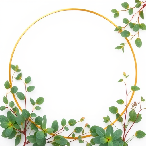 create a lush botanical frame design featuring eucalyptus and greenery on a white background with a gold circular border, high contrast, shot with a Canon EOS R5 at f/4, ISO 100, 50mm lens, natural light to enhance vibrancy and sharpness.