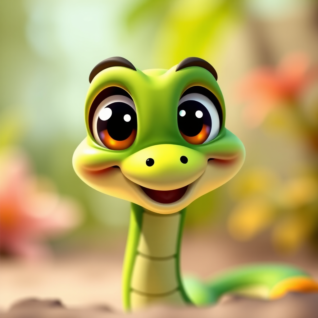 Create a colorful cartoon illustration of a friendly green snake with large expressive eyes and a playful smile, using a soft focus effect, with a depth of field to emphasize the snake in the foreground, shot on a DSLR camera at f/4, ISO 100, 50mm lens, in natural lighting.