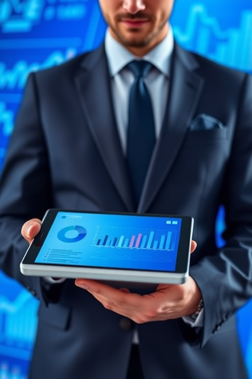 Create a digital image of a business professional in a suit holding a tablet, with a vibrant blue background featuring graphs and data visualizations, shot with a DSLR camera at f/2.8, ISO 100, 50mm lens, using a shallow depth of field for enhanced focus.