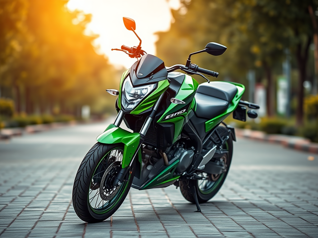 regenerate a high-resolution image of a green modern motorcycle parked on a paved surface with a blurred background, shot with a Canon EOS R5, aperture f/2.8, shutter speed 1/1000s, ISO 100, in portrait mode, with soft natural lighting and enhanced color vibrancy.