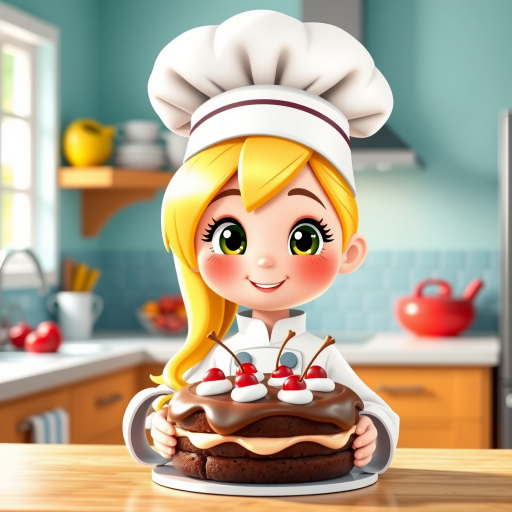 Create a cute cartoon chef character with blonde hair wearing a white chef hat and coat, holding a chocolate cake with cherries, in a bright and colorful kitchen setting, shot with a DSLR camera at f/2.8, 50mm lens, natural light to enhance colors and details.