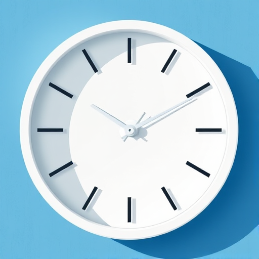 Create a vector-style illustration of a minimalist clock with a white clock face, blue background, and a sleek modern design, using a Canon EOS R camera with a 50mm lens, aperture set to f/2.8, ISO 100, and soft natural lighting to enhance color vibrancy.