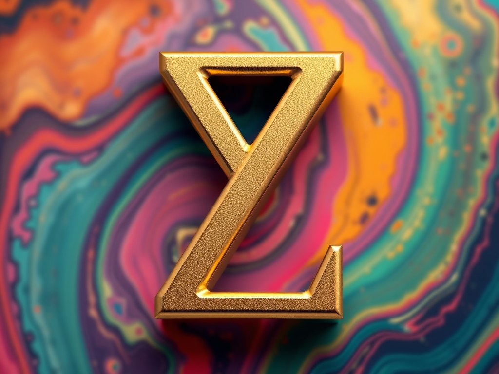 Create a high-resolution 3D rendering of a metallic gold letter Z on a colorful abstract background using a DSLR camera with a 50mm lens, aperture set to f/1.8, ISO 100, and a shallow depth of field for enhanced detail and clarity.