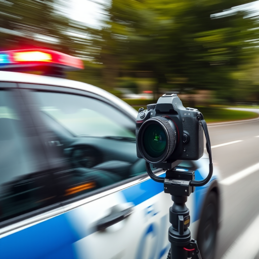 Capture a high-speed shot of a police car in motion, using a DSLR camera with a 50mm lens, set at f/5.6, ISO 200, shutter speed 1/500s, focused on the car while blurring the background for a dynamic effect.