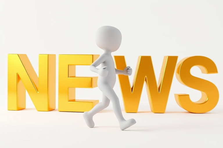 Create a 3D rendering of a simplistic humanoid figure walking while holding large golden letters spelling "NEWS", captured with a 50mm lens, aperture f/2.8, ISO 100, using a Canon DSLR in a bright studio setting with soft diffused lighting.