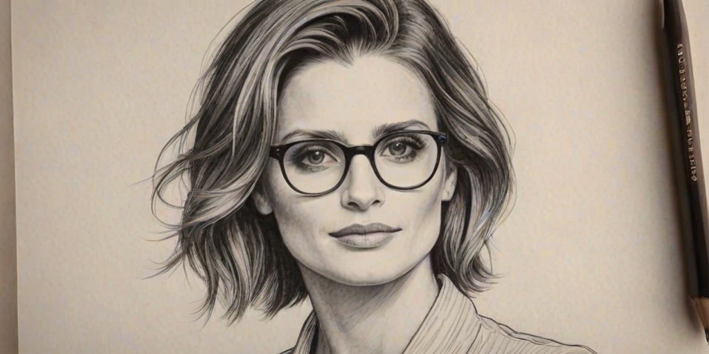 Bewitching Stana Katic, pencil sketch, portrait of Delightful woman 1922s in glasses, hair style beatnik, outline, clear lines, fine lines, 8k