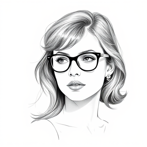 Beautiful Natalie Portman, pencil sketch, portrait of beautiful woman 60s in glasses, hair style beatnik, outline, clear lines, fine lines, 8k