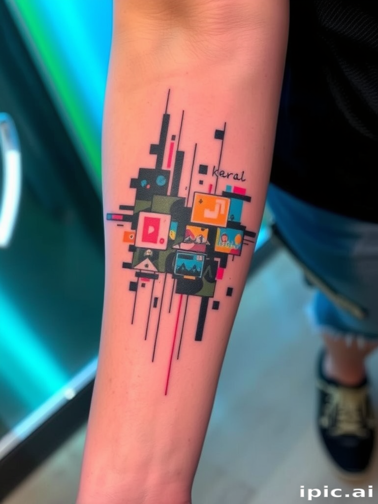 Glitch art inspired tattoo, "Digital Distortion," combining pixelated elements, color shifts, and fragmented imagery to create a unique design that appears to be glitching or corrupted, perfect for tech enthusiasts or as a statement piece on the forearm or leg