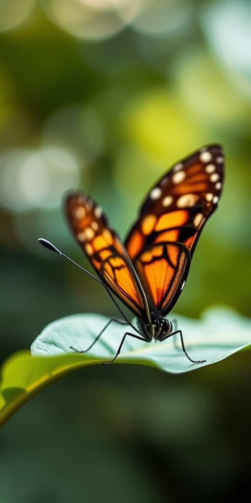 Capture a close-up of a butterfly resting on a leaf, with a shallow depth of field, using a DSLR camera with a 100mm macro lens, aperture set to f/2.8, ISO 100, shutter speed 1/200 sec, natural lighting, and a softly blurred background to emphasize the intricate details of the butterfly's wings.