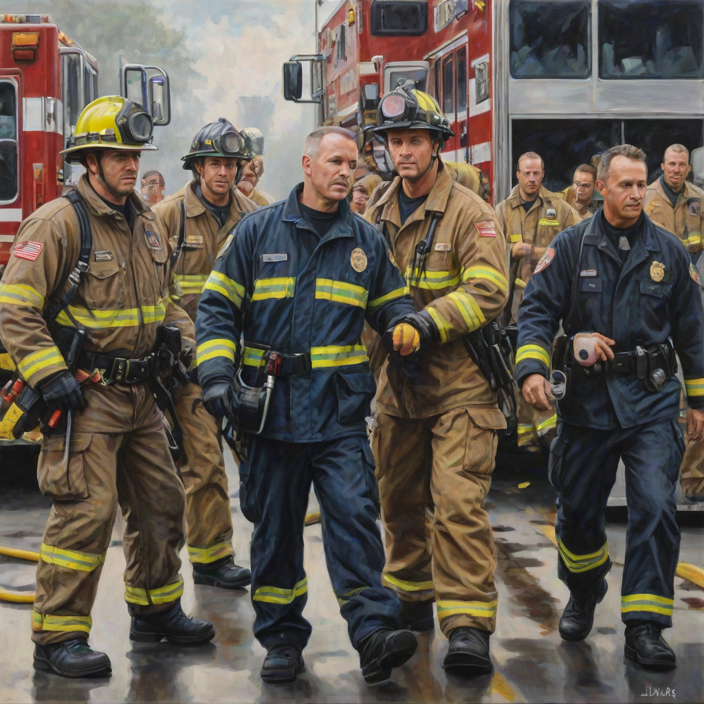 acrylic illustration of realistic first responders, fireman, policeman, emts, doctors, nurses, military