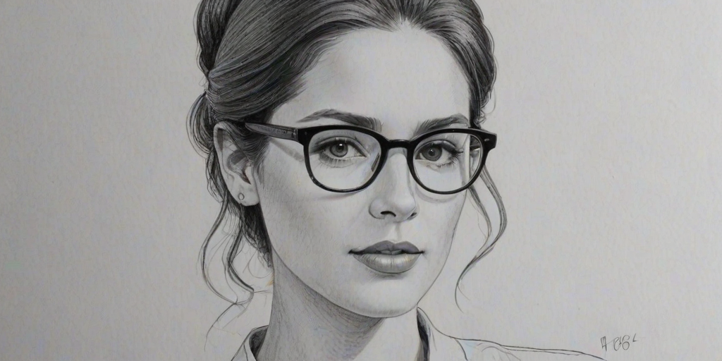 Elegant Mercedes Mason, pencil sketch, portrait of Pleasing woman 1964s in glasses, hair style beatnik, outline, clear lines, fine lines, 8k