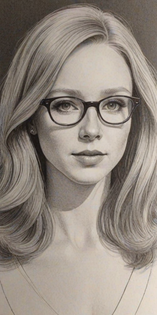 Dazzling Molly C. Quinn, pencil sketch, portrait of Radiant woman 1968s in glasses, hair style beatnik, outline, clear lines, fine lines, 8k