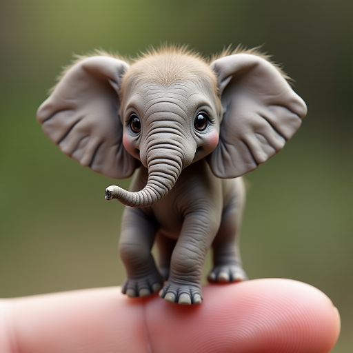 An extremely hyper-realistic elephant, its whole body fits perfectly in someone's finger. The elephant has rare colors and is extremely adorable. The elephant is extremely cute, making it eye-catching when enlarged. And standing on 2 legs