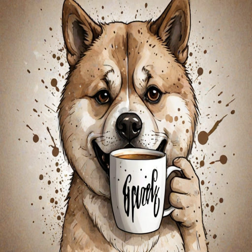 A quirky, artistic illustration of a disheveled akita pit dog breed with exaggerated, large eyes and spiky fur, holding a coffee mug that reads "Good Morning". The dog has a tired but humorous expression, with ink splatters and abstract details surrounding it, giving a whimsical feel to the image. The color palette is mostly monochrome with hints of brown in the eyes and steam rising from the mug, enhancing the overall sleepy vibe