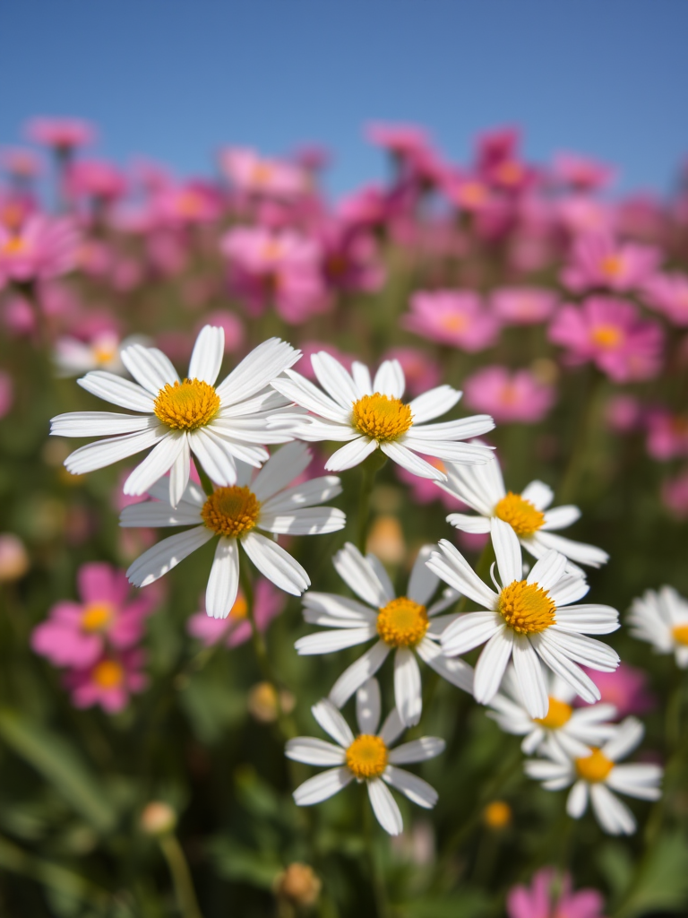 A close-up of white flowers with yellow centers in a field of pink flowers against a clear blue sky, shot with a Canon EOS R5, 50mm lens, aperture f/2.8, ISO 100, using a shallow depth of field for a soft background blur.