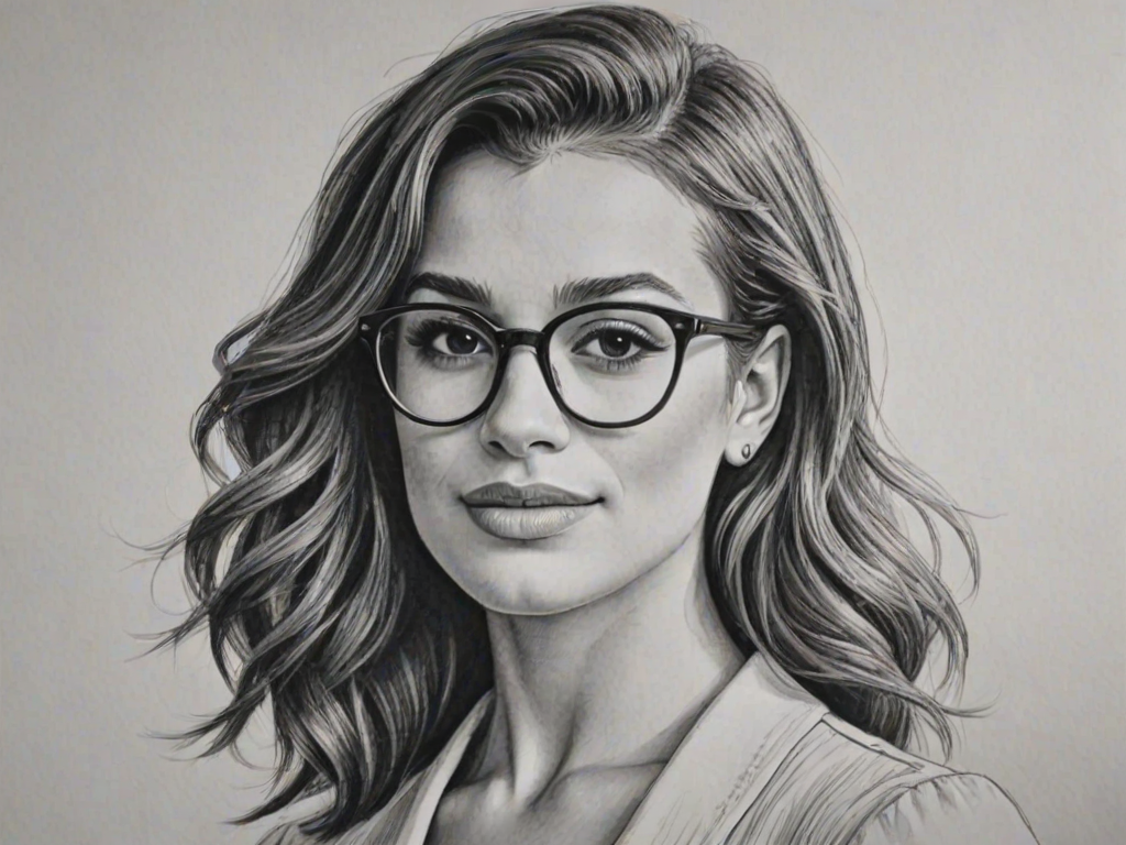 Graceful Lea Michele, pencil sketch, portrait of Superb woman 1921s in glasses, hair style beatnik, outline, clear lines, fine lines, 8k