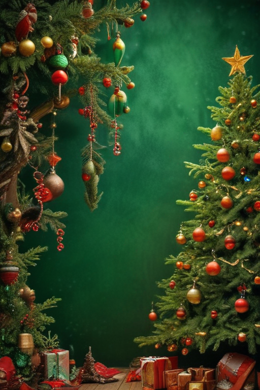Festive Holiday Scene with Decorated Christmas Tree and Colorful Ornaments