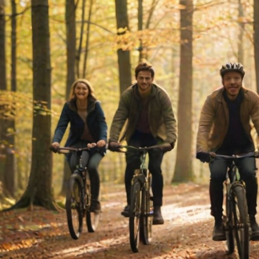 Blurry action shot of a group of friends riding bicycles through a forest trail, soft golden light filtering through the trees, with leaves softly falling around them.