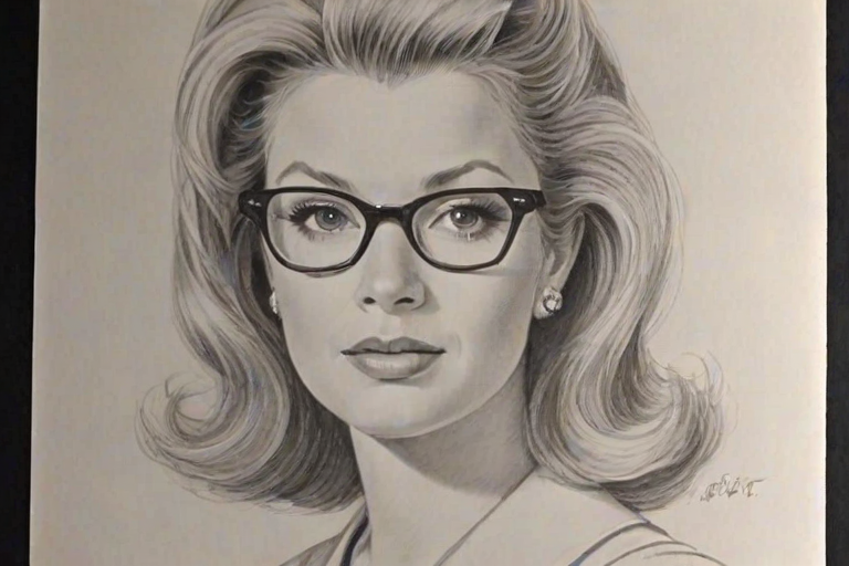 Wonderful Mary Hart, pencil sketch, portrait of Elegant woman 1962s in glasses, hair style beatnik, outline, clear lines, fine lines, 8k