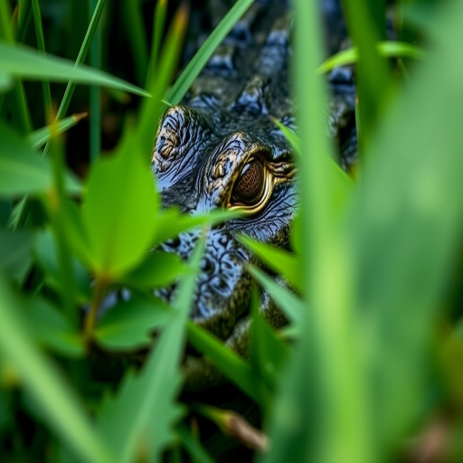 Capture a close-up of a crocodile's head partially hidden among dense green foliage, use a macro lens with a focal length of 100mm, aperture set to f/2.8 for a shallow depth of field, shutter speed at 1/200 sec, ISO 200, natural light, with a slight tilt for an artistic perspective.
